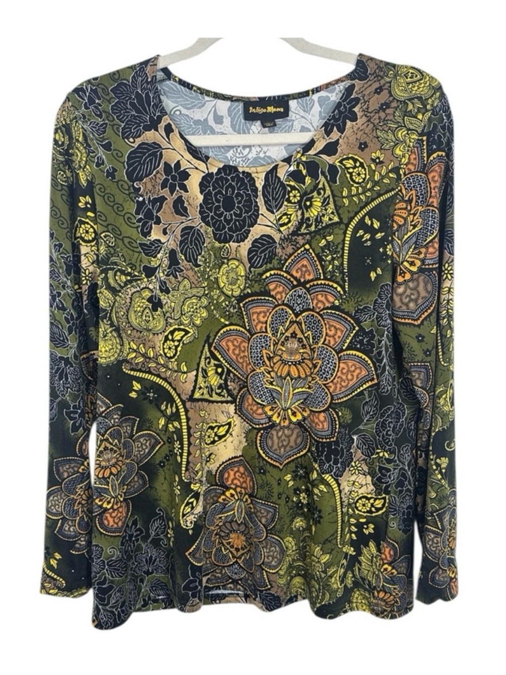 Indigo Moon Floral Boho Long Sleeve Top Size Large